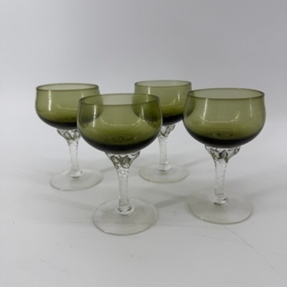 Vintage Olive Green Glass Goblets Twisted Clear Stem Set of 4 MCM Barware 4.5in